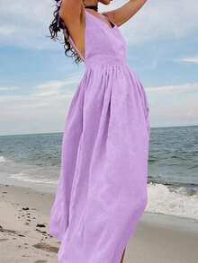 优雅法式性感露背细肩带亚麻连衣裙，波西米亚风度假长裙，女士春夏 - 紫丁香色 - 查看 9