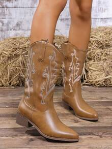 Western Style Women Boots With V-Cut Toe, Embroidered Pattern, Chunky Heel, Mid-Calf - Brown - View 5