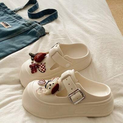 Cartoon Puppy Perforated Summer Outdoor Platform Slippers For Women, Thick Soled, Stylish, Suitable For Students, Homewear, EVA Closed Toe Sandals