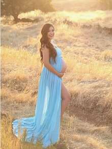 Chiffon Floor-Length Maternity Photoshoot Dress For Maternity Photo Shoot - Blue - View 6
