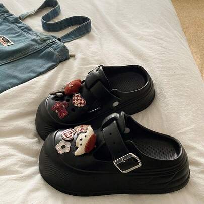 여성용 카툰 강아지 뚫린 웨지 샌들, 여름 아웃도어용 두꺼운 밑창 패셔너블한 인스 스타일 학생 실내/DIY 닫힌 발가락 EVA 슬리퍼