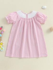 Toddler Baby Girl Baseball Outfit Short Sleeve Baseball Embroidery Smocked Dress Polo A-Line Dress Sprots Summer Clothes - Pink - View 2