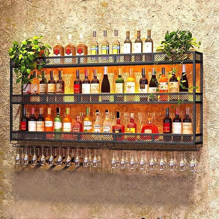 Wall Mounted Wine Rack With LED Glass Holder, Liquor Bottles Shelves Display Storage Organizer Hanging Long Stemware Goblet Metal For Home Mini Bar Cellar Black - Black - View 1