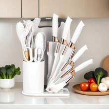 19pcs Premium Silicone Kitchen Utensil & Knife Set - Heat-Resistant, Non-Stick Safe Cooking Tools With Wooden Handles & Chef Knives - Includes Storage Stand - Perfect Gift For Juneteenth - 白色 - 查看 4
