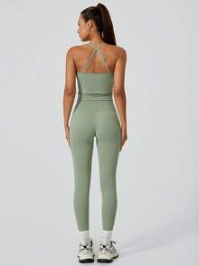 NcmRyu 一套女士无缝弹力加厚交叉肩带运动文胸和紧身裤瑜伽普拉提跑步训练服 - 綠色 - 查看 8