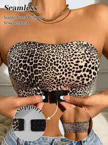 2 piezas con hebilla delantera sin tirantes, diseño de pecho con estampado de leopardo, diseño antideslizante de silicona, almohadilla de pecho desmontable, temperamento elegante, adecuado para vestidos off-the-shoulder