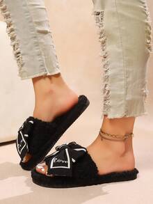 shensongni 女士蝴蝶结拖鞋，毛绒材质，舒适卧室/公寓拖鞋，四季皆宜，女士室内拖鞋，轻便时尚人字拖，露趾拖鞋，黑色 - 黑色 - 查看 11