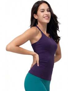 Yoga Racerback Tank Top For Women With Built In Bra,Women's Padded Sports Bra Fitness Workout Running Shirts - 深紫色 - 查看 3