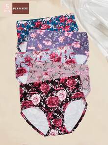 5pcs/Pack Women Plus Size Floral Print Comfortable Large Triangle Panties - Multicolor - View 1