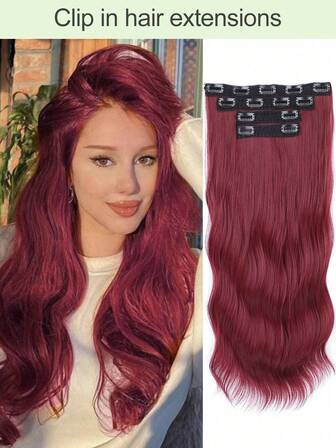 Clip In Hair Extensions, 20 In Long Wavy Synthetic Fiber Hair Extensions Clip Ins Thick Soft Synthetic Clip In Hairpieces For Women Girls Daily Use Party(Red)