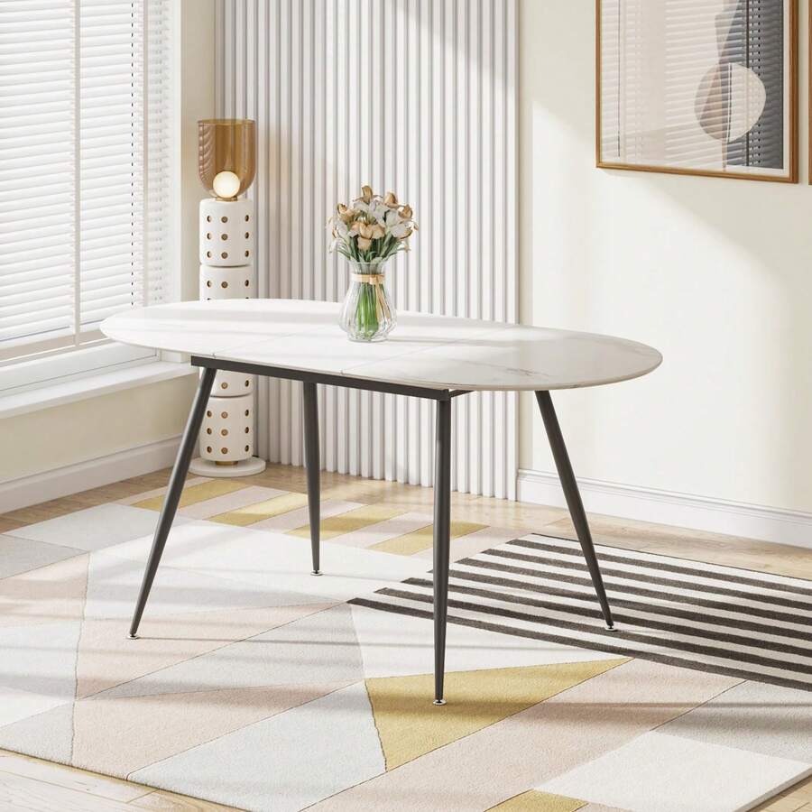 Extendable Dining Table, 4-6 Seater Kitchen Table With Marble Effect & Sturdy Metal Legs For Dining Room, Kitchen,120-160 Cm Expandable Table - White - View 1