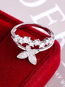 1 pieza Elegante y glamoroso anillo de mujer con diseño de mariposa de doble capa en circonita cúbica, regalo para el Día de la Madre