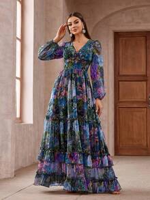 Women Vintage Floral Long Sleeve Frill Trim Summer Maxi Dress