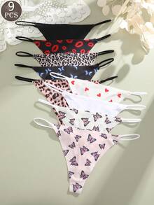 9pcs/Set Women's Solid Color Simple Comfortable Low Waist G-String Panties, Thin Waistband Sexy Seamless Bikini Briefs - Multicolor - View 1