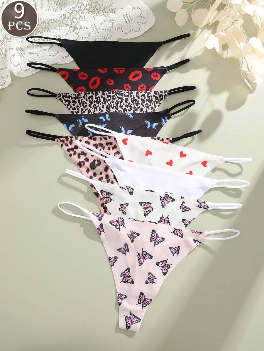 9pcs/Set Women's Solid Color Simple Comfortable Low Waist G-String Panties, Thin Waistband Sexy Seamless Bikini Briefs - Multicolor - View 1