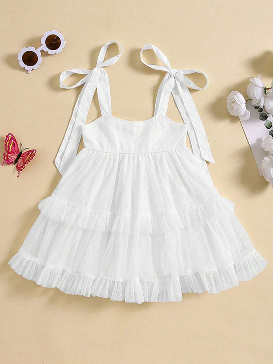 Toddler Baby Girl Summer Boho Dress Solid Color Spaghetti Strap Square Neck Tulle Dress Kids Beach Sundress - 白色 - 查看 1