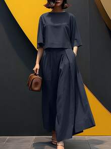 ZANZEA Fashion Women 3/4 Sleeve Tops T Shirt Elastic Waist Wide-Leg Long Pants Solid Palazzo Trousers Summer Casual 2pcs Sets Outfits - 深藍色 - 查看 2