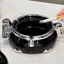 1 Pc Modern Cute Maneki Neko Ceramic Ashtray With Cover, Black/White Color Options, Windproof And Ash-Proof, Suitable For Living Room, Dining Room, Bedroom, Bathroom, Kitchen Paper Towel Decor