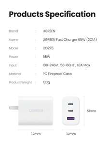 UGREEN 65W 快速充电器 3 端口 C 型 PD 兼容 S24 Ultra 平板电脑兼容 16/15/14 Pro Max 充电器支持 SFC 2.0 超级快速充电高输出功率 - 白色 - 查看 10