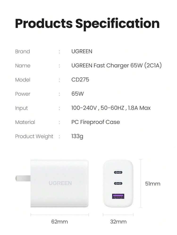 UGREEN 65W Fast Charger 3 Ports Type C PD Compatible With SAMSUNG S24 Ultra Tablet Compatible With IPhone 16/15/14 Pro Max Charger Support SFC 2.0 Super Fast Charging High Output Power