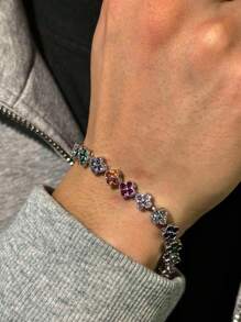1pc Fashionable Colorful Four-Leaf Clover Copper Zirconia Bracelet For Men, Punk Hip-Hop Men's Bracelet, Suitable For Daily Wear
