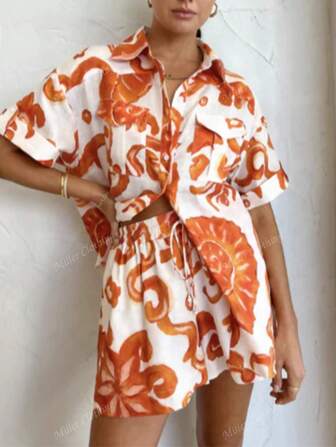 Plus Size Dames 2-delige Set Bloemen & Botanische Print Shirt met Riem