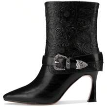 TDD Mid Calf Boots For Women Stiletto Pointed Toe Winter Buckle Extra Wide Calf Botas Para Mujer Dressy Warm Lined Ladies Fashion 3 Inch High Heels