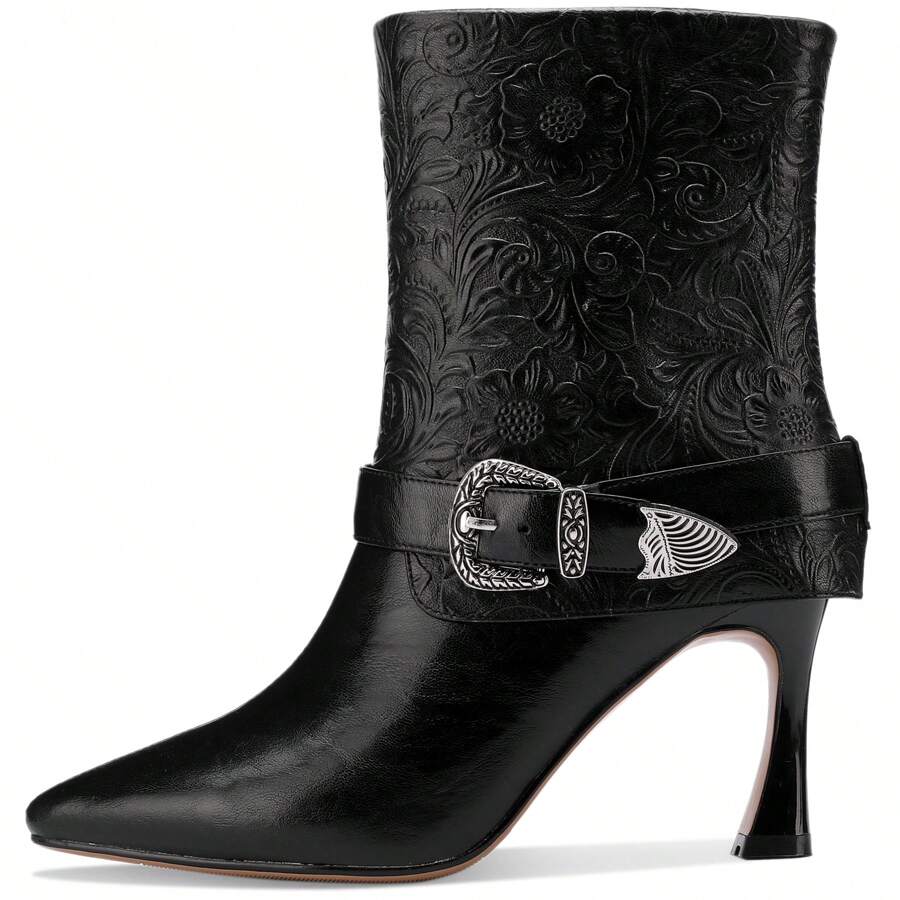 TDD Mid Calf Boots For Women Stiletto Pointed Toe Winter Buckle Extra Wide Calf Botas Para Mujer Dressy Warm Lined Ladies Fashion 3 Inch High Heels