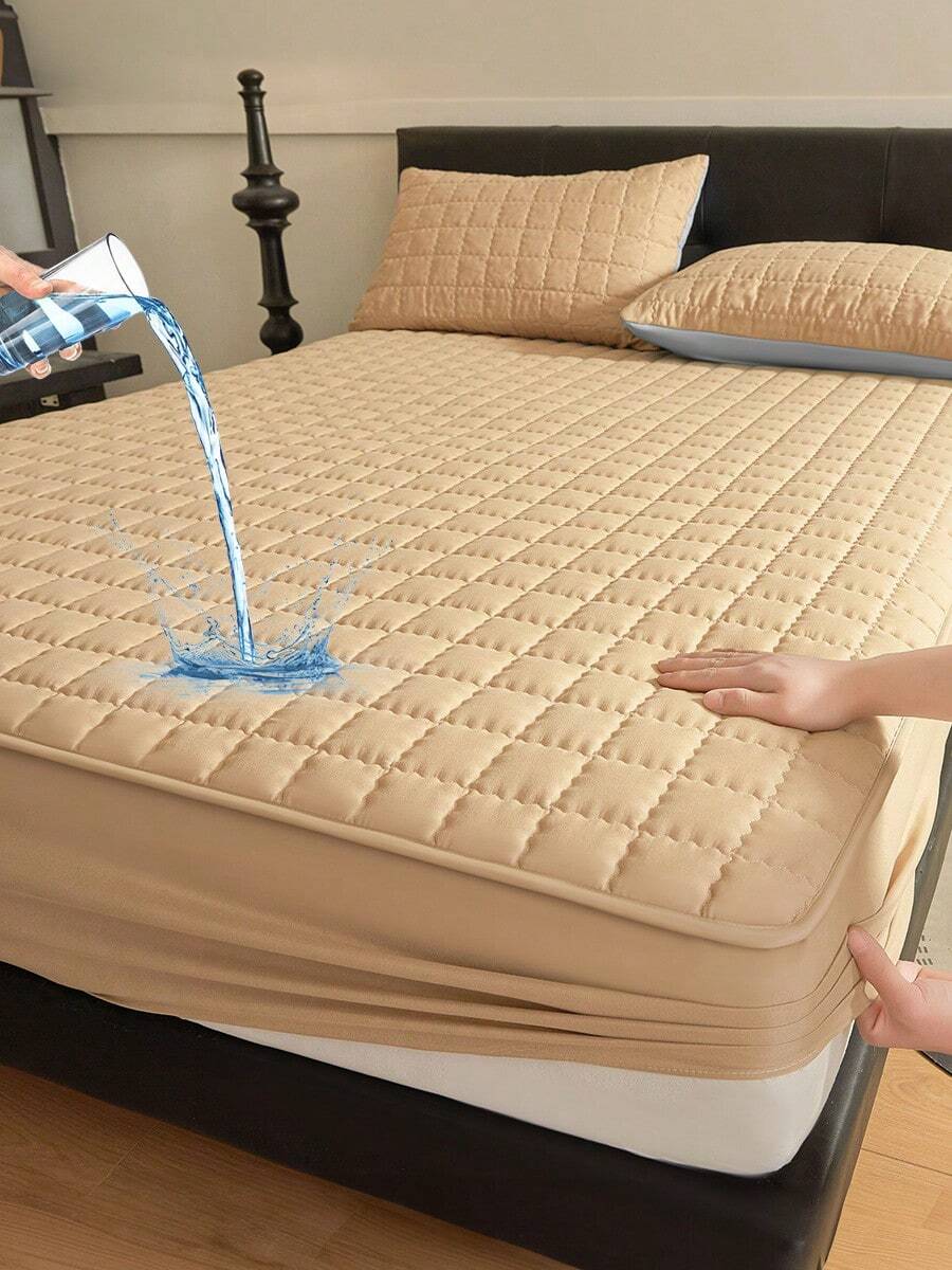 1pc Warterproof Fitted Sheet, Bedding, Waterproof Mattress Protector, Fall Decor, Halloween Decor, Christmas Decoration, Skin-Friendly Mattress Cover, Bedroom Decor, Breathable Quilted Mattress Cover For 8-15" Mattress, Room Decor, Noiseless Bed Mattress Cover For Bedroom, Dorm Room - 駝色 - 查看 1