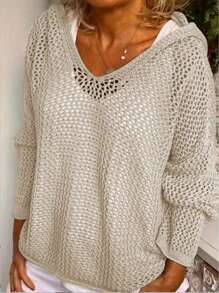Women's Pullover Hollow-Out Casual Hooded Knit Long Sleeve Sweater