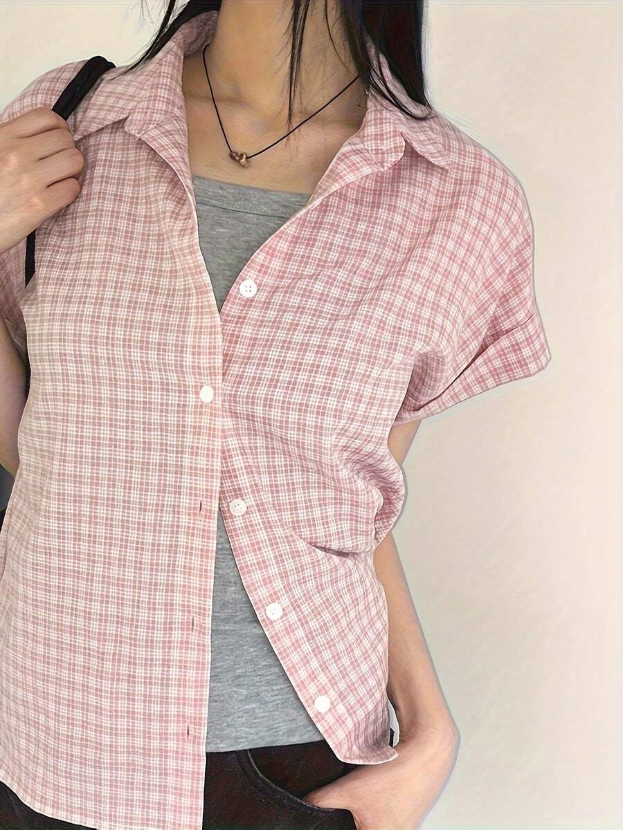 Plaid Print Button Front Shirt, Casual Short Sleeve Blouse For Women, Spring/Summer Pink - Pink - View 1