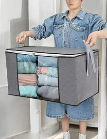 1 pz Organizador de tela para ropa, Contenedores de ropa de almacenamiento Bolsas de armario: Contenedores grandes Organizador, caja de almacenamiento plegable grande para ropa con tapa grande para ropa - Gris - Ver 8