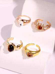 4 件套优雅奢华复古高端虎眼锆石镶嵌戒指套装，女士节日礼物派对珠宝，百搭日常佩戴配饰 - 彩色 - 查看 6