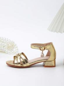 Sandali da ragazza Zantong con fibbia gioiello dorata, intrecciati, sandali estivi con tacco alto per bambini, semplici e scintillanti, con punta aperta, scarpe da festa da principessa eleganti per bambini piccoli e grandi