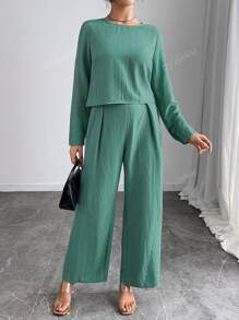 Women's Casual Elegant Set, Round Neck Long Sleeve Top And Pants 2 Pieces Set