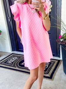 Checkerboard Leisure Vacation Pink Ruffle Sleeve Dress - Pink - View 2