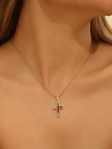 SHEISFREEDOM High Quality Casual Daily 1 Piece Fashionable Zirconia Creative Cross Pendant Necklace For Women,Elegant & Unique Design Jewelry, Delicate & Simple Style, Golden Titanium Steel Snake Chain Collarbone Chain,Suitable For Dates & Vacations & Women's Daily Casual Wear Accessory And Festival Anniversary Gift With Gift Box