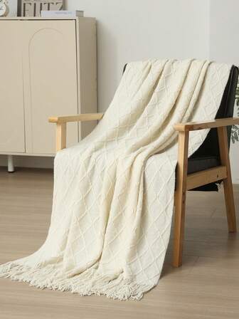 1 st Diamond Pläd enfärgad stickad filt, nordisk stil akryl rektangel tofs enfärgad sofföverdragsfilt, dekorativ filt för sängen, tupplur, stickad filt