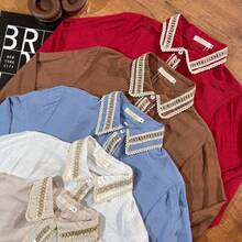 Elegant Women's Long Sleeve Blouse With Collar - Burgundy - View 2