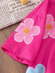 1 件女童 3D 花卉印花白色 T 恤，短袖上衣，适合 4-7 岁，夏季