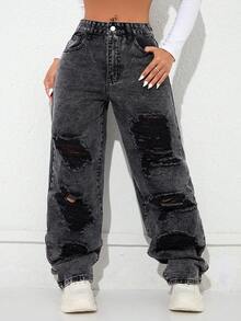 Spring And Summer Casual Distressed Straight Leg Cowgirl Jeans - Black - View 4