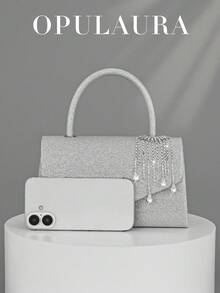 OpulAura 女士时尚闪亮流苏水晶水滴装饰派对手提包，优雅晚礼服配饰手拿包，适合浪漫婚礼、正式派对、舞会、鸡尾酒会，配有可拆卸链带，随机水晶流苏图案 - 銀色 - 查看 3