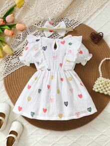 2 Pieces Set Include Girls Heart Ruffle Bow Short Sleeve Dress & Headpiece, Summer Versatile Lady Dress - White - View 2