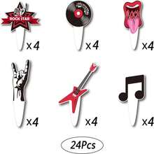 Rock N' Roll Guitar Music Theme Cake Decorations, Including Guitar, Notes, Rock Music Elements, Suitable For 80s Retro Music Party Decorations. Fits Rock Music Party, 80s Theme Party, School Events, Birthdays, Family Gatherings - Multicolor - View 8