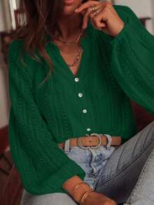 Women's Single-Breasted Long Sleeve V-Neck Blouse, Loose And Versatile, Elegant Button-Up Shirt - 墨綠色 - 查看 1