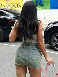 Women Mini Skirts Y2k Streetwear Short Denim Skirt With Pockets Mid Waist Distressed Button Jean Skirts - Light Wash - View 7