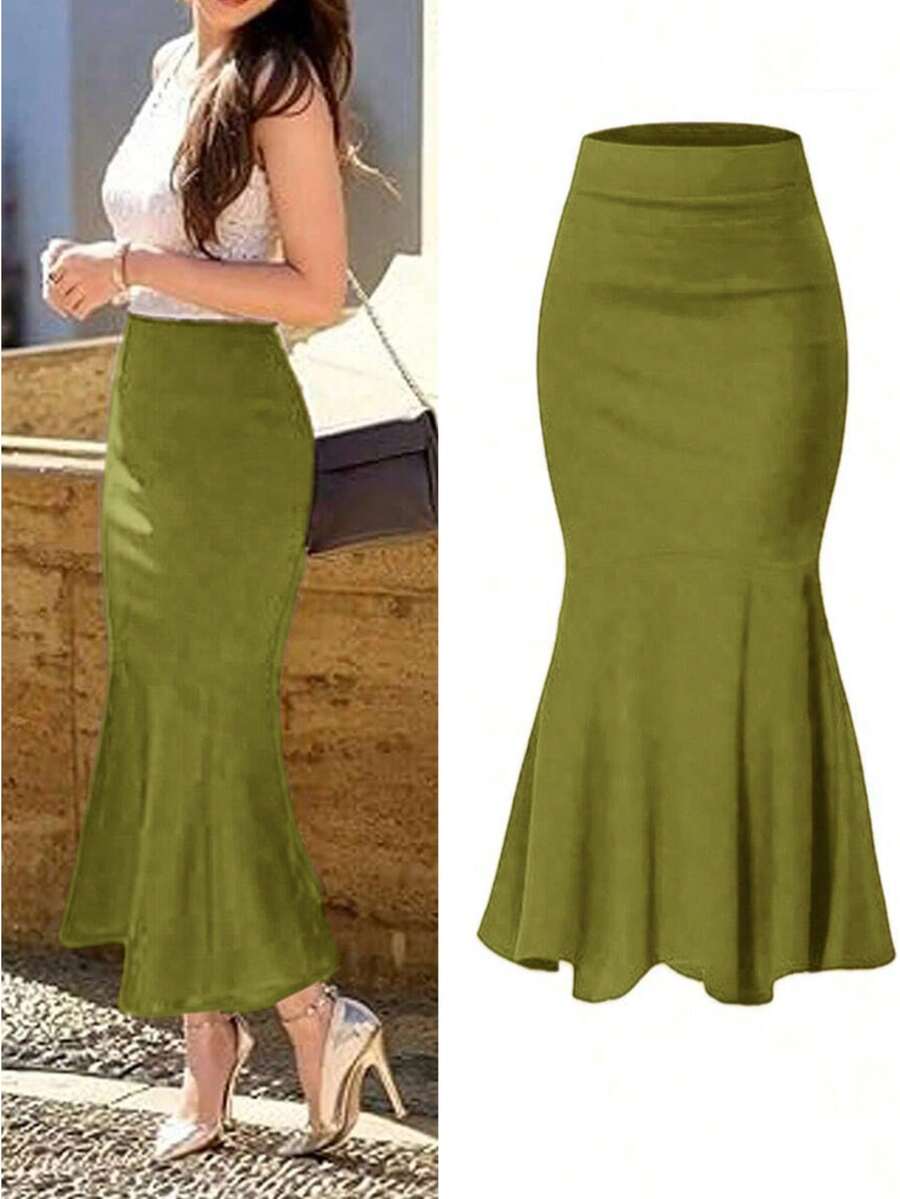 Elegant Black Fish-Tail Skirt Features A High-Waisted Design With Ruffled Edges At The Hem. It Is Machine-Washable And Is Perfect For Autumn Events - Mustard Green - View 1