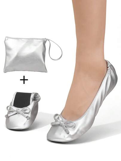 女士柔软舒适可折叠芭蕾平底鞋，圆头，薄底，一脚蹬设计，含配套储物袋，适合所有季节