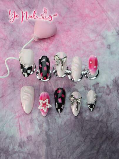 10 件杏仁形手工仿珍珠白金属甜心学院风全覆盖按压指甲套装摇滚风格 Y2K 渐变粉色格子现代主义全覆盖亚克力韩国风格假指甲套装，适合女士和女孩梳妆台，含 1 件迷你指甲锉和 1 片粘性标签，美甲用品指甲