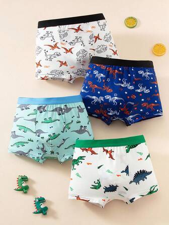 4 Pcs/Pack Boys' Dinosaur Print Briefs, Toddler Kids Boxer Shorts